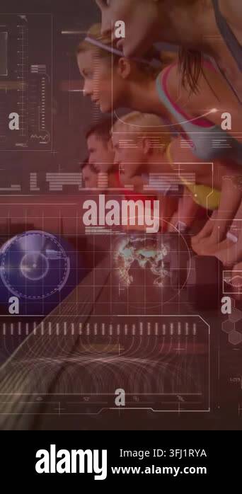 Fitness group leaning on handles, camera zooming and HUD grid tracking ...