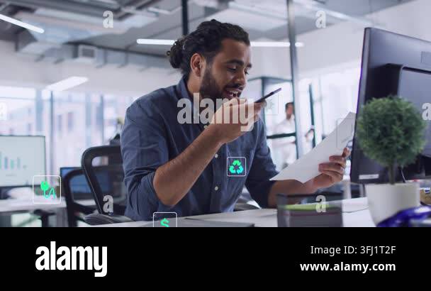 Man reading doc and glancing at phone, speaking into phone, capturing ...