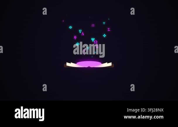 Magic book glowing with mysterious purple light and floating neon greek ...