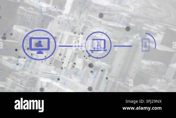 Animation of icons in flow chart, connected dots forming geometric ...
