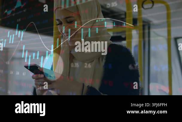 Glanicing Glancing at smartphone, woman in beige hijab tapping screen on bus ...