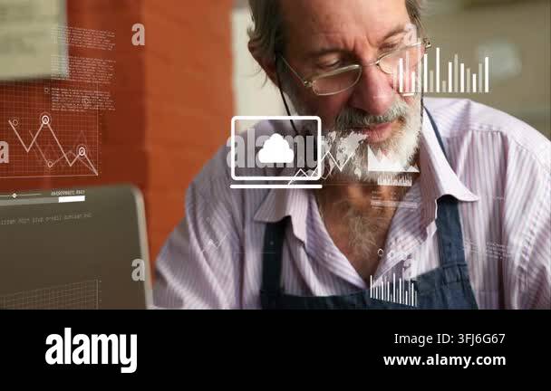 Glanicing Owner glancing at laptop and typing while data charts, cloud overlaying ...