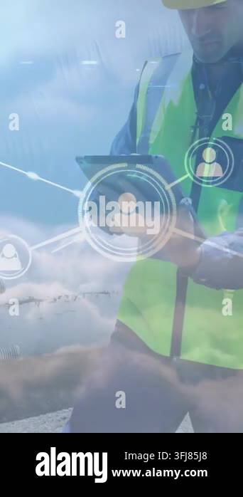 Vertical video: Helmeted engineer tapping tablet at worksite, HUD nodes ...