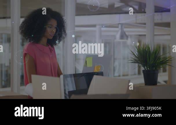 Glanicing Worker standing, glancing at screens when HUD overlays appearing ...