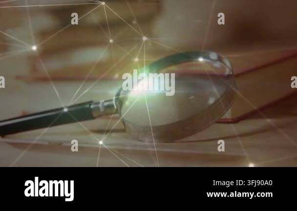 Magnifying Glass Resting On Wood Desk Animated Network Appearing Magnifying Glass Resting On Wood Desk Animated Network Appearing