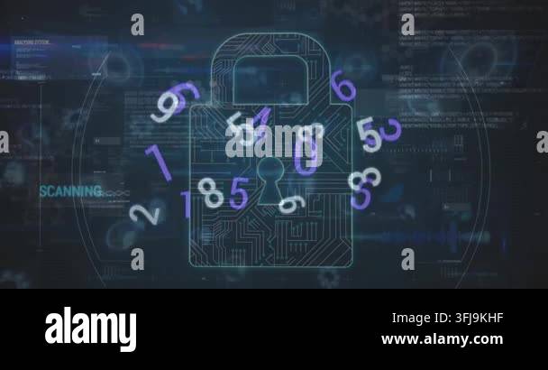 Animation of digital interface with security padlock over dark ...