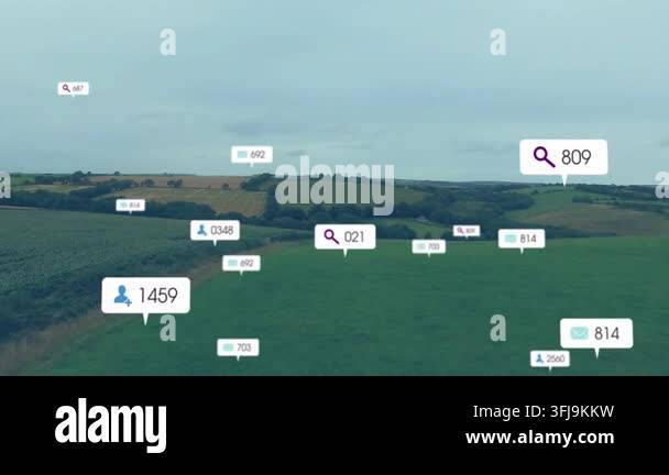 Camera rising showing search user mail icons multiplying then vanishing ...