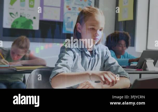 Ochart Background Girl placing hands then typing on laptop for learning, chart overlay ...