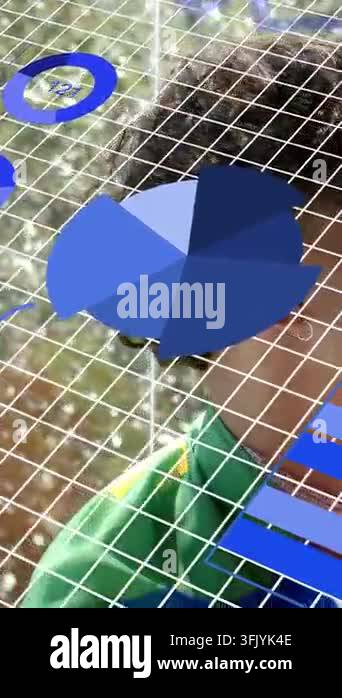 Technical Data Visualization Vertical video: Man near window, grid appearing rotating pie sweeping ...