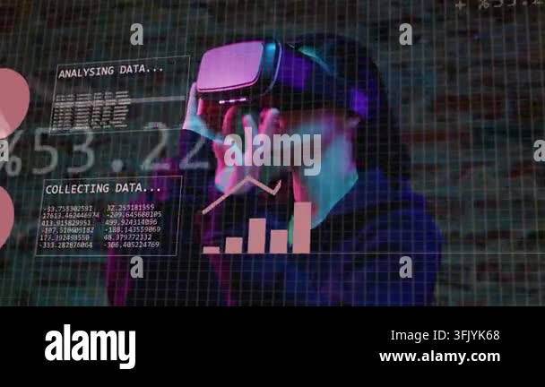 Technical Data Visualization Man wearing VR headset raising hand and manipulating HUD charts forming ...