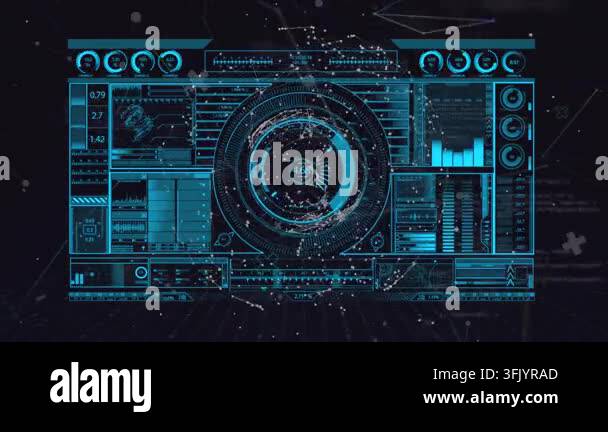 Animation of interface with data processing over globe of network of ...