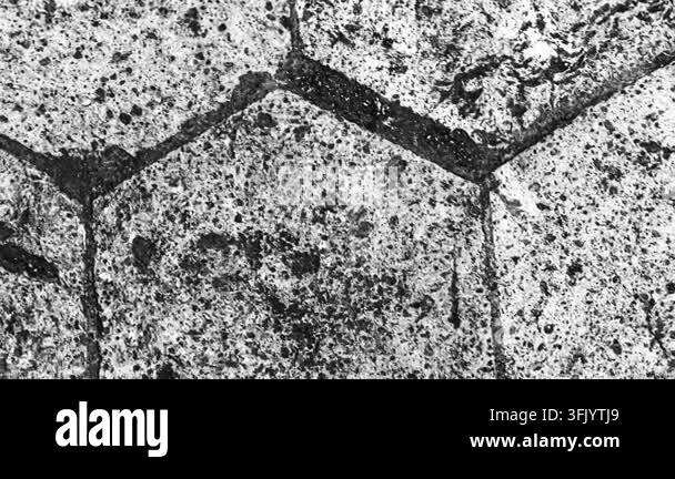 Close up view of a weathered hexagonal paving stone pattern with dark ...