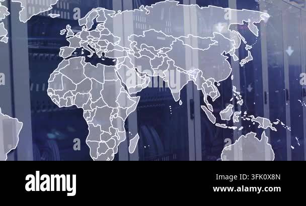 Animation of world map and arrows over server room. Global technology ...