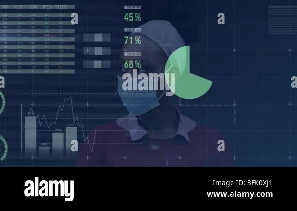 Technical Data Visualization Woman analyzing virtual health data dashboard, showing world map, green ...