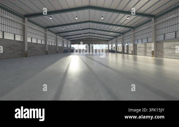 3D render of industrial warehouse interior. Empty space with roller ...