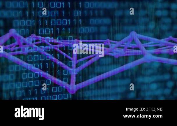 Technical Data Visualization Scrolling binary driving purple mesh shifting, rising, peaking while ...