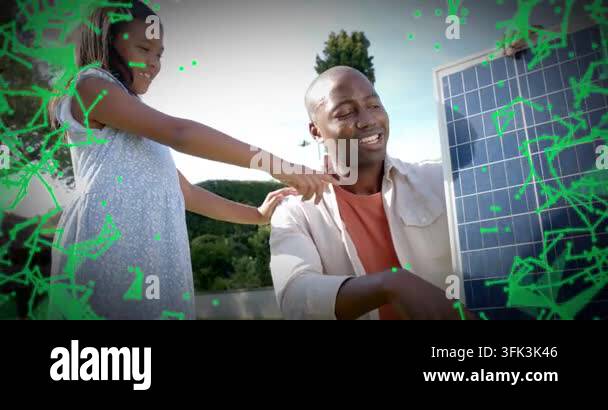 Solar Particles Girl placing hand then pointing, man holding panel explaining solar ...