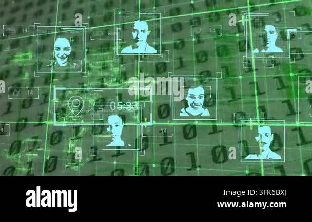 Animation of binary code and social media reactions on green background ...