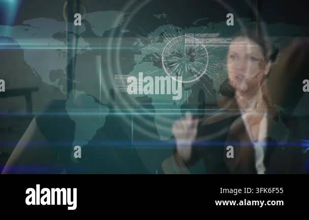 businesswomen using tech interface in office, displaying holographic ...