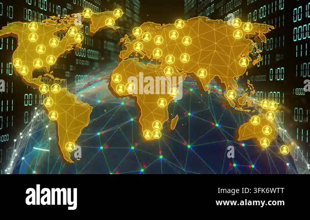 On load binary flickering golden map and clear globe pulsing, nodes ...