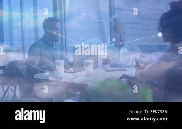 Technical Data Visualization Vertical video: Man typing laptop woman using tablet peer talking as ...