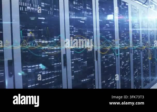 Incoming Rack Signs Server racks in data aisle pulsing LEDs and overlaying waveform with ...