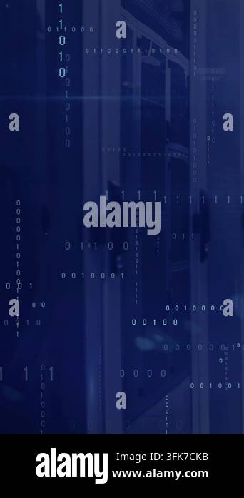 Vertical video: Tech rack getting binary stream, overlaying with code ...