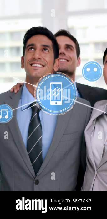 Vertical video: Biz team looking up phone expanding linking music chat ...