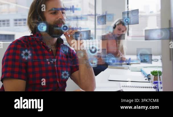 Technical Data Visualization Bearded man manipulating holographic panels triggered by incoming data ...