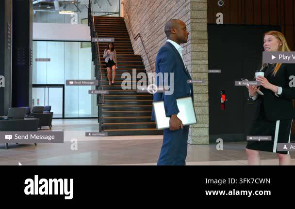 Staircase woman checking phone causing AR overlays filling lobby ...