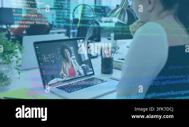 Woman watching laptop on biz call, host showing paper while code ...