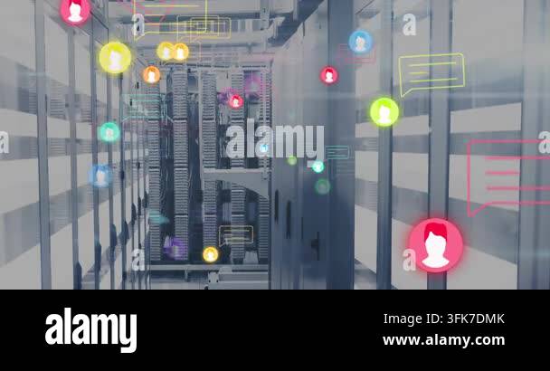 Incoming data spawning avatars and chat bubbles between racks, drifting ...