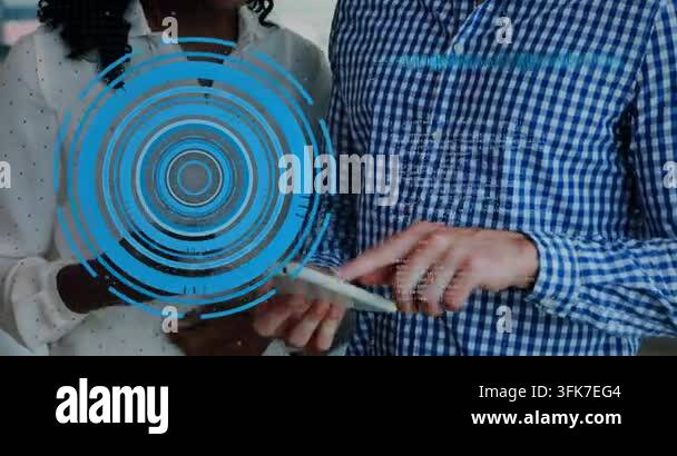 Man tapping tablet, woman checking phone, causing HUD wave or code ...