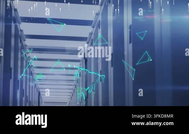 Animation of neon triangle shapes and light trails falling against data ...