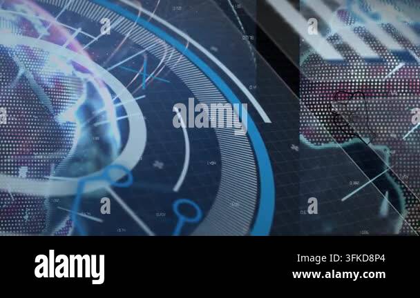 Animation of light trails over interface with data processing against ...