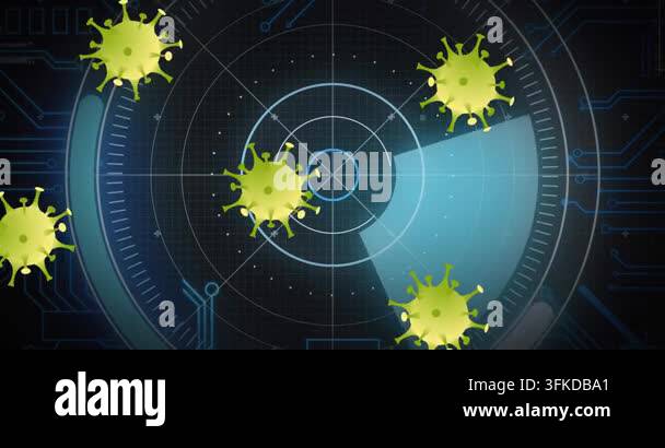 Animation of covid 19 cells and scope with computer circuit board and ...