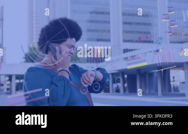Technical Data Visualization Woman taking call, handling urgent matter, checking watch, animated ...
