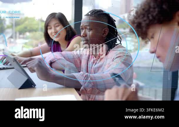 Technical Data Visualization Central man leaning, reaching tablet and showing tech data, reticle ...