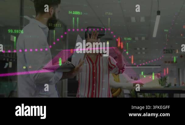 Woman putting on VR headset, demonstrating finance candlestick charts ...