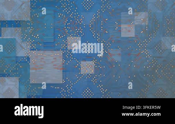 Animation of integrated circuit over blue background with squares ...