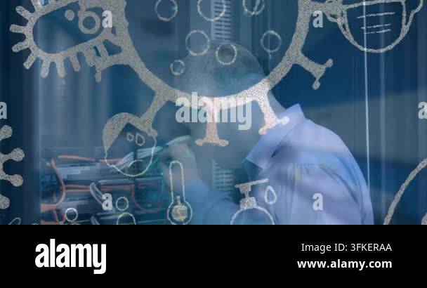 Animation of virus cells and icons over caucasian man checking server ...