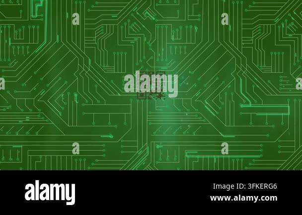 Animation of light trails and qr code over computer circuit board on ...