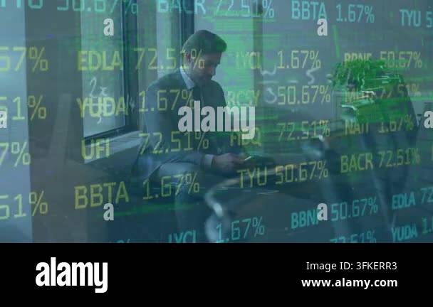 Animation of trading board, computer language on caucasian businessman ...