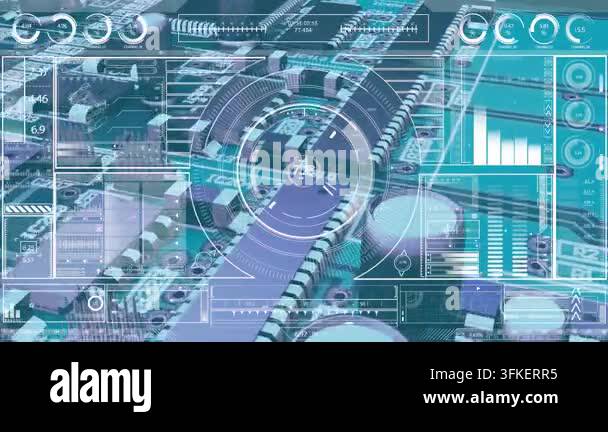Animation of data processing over computer circuit board on black ...