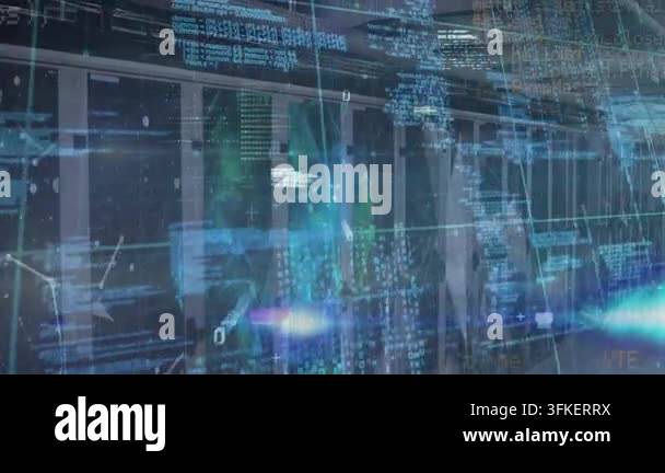 Animation of connected dots, computer language over lens flares against ...