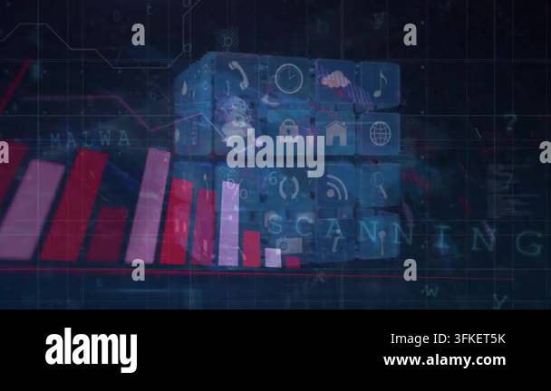Animation of graphs, cube with diverse icons and digital screen with ...