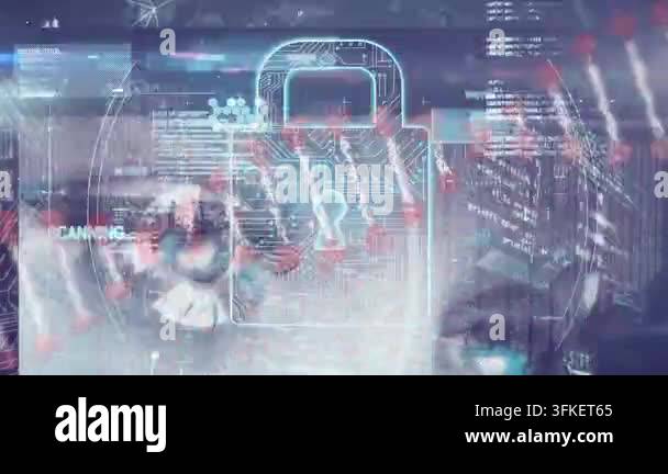 Abstract video of security icon and computer programming dna structure ...