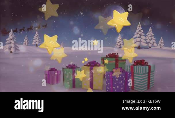 Animation of christmas trees snowflakes falling over lab workers ...