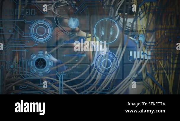 Process In Computer Sign Animation of processing circle over data and caucasian man checking ...
