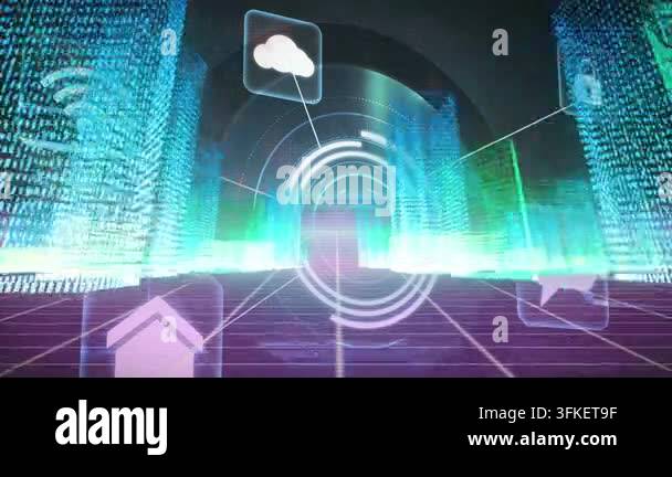 Animation of round scanner and digital icons over 3d city model against ...